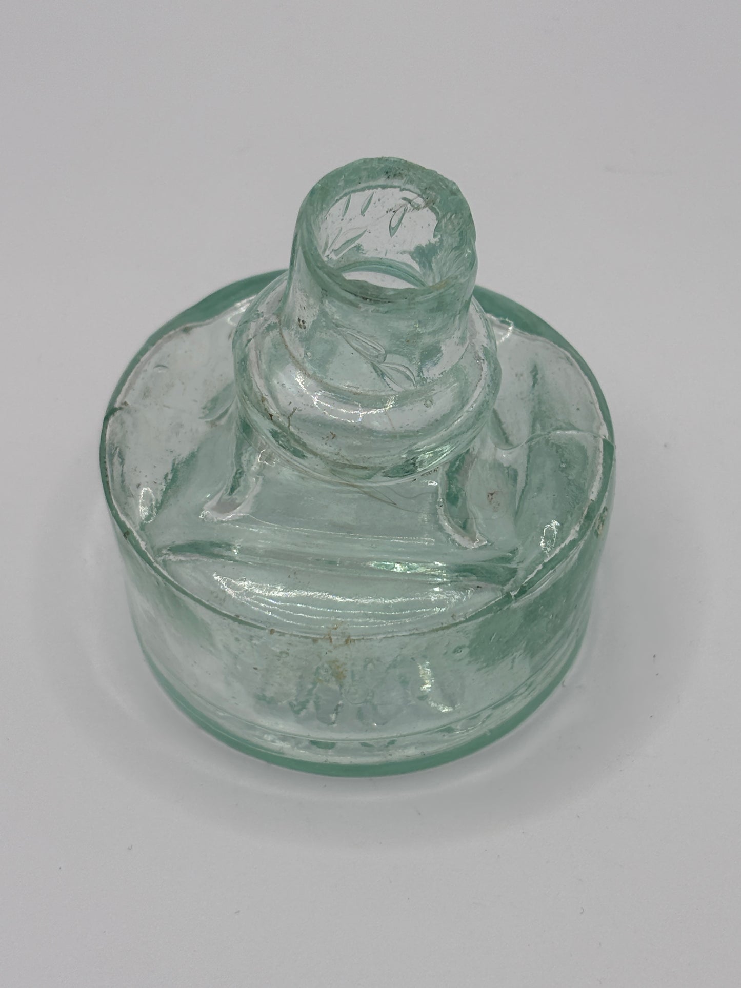 Old aqua glass inkwell, ink bottle, penny ink. TW & Co