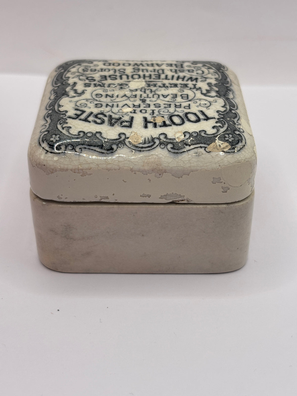 Old advertising lid and base. Whitehouses drug stores bearwood “toothpaste” repaired
