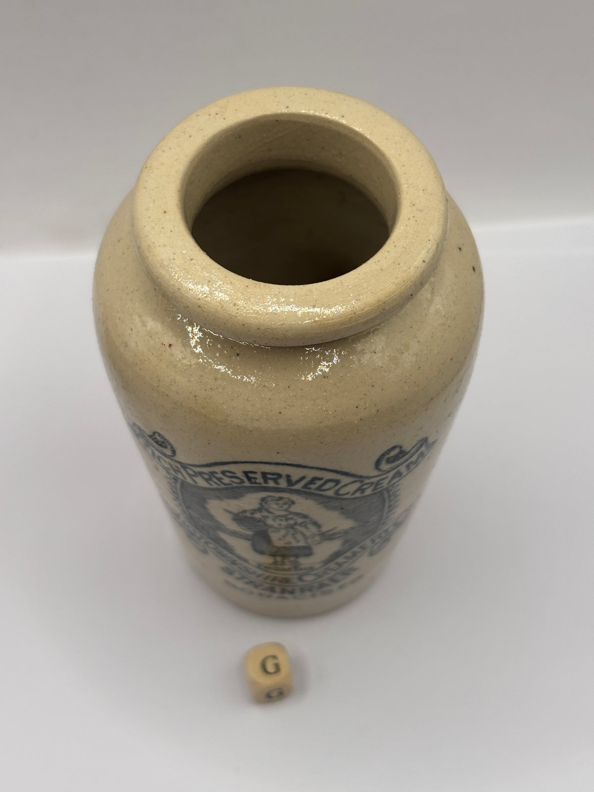 Old advertising cream pot, rich preserved cream stranraer, milkmaid (G)