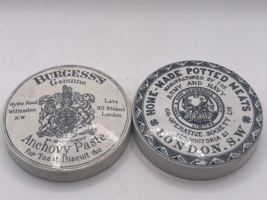 2 advertising lids, anchovy paste & potted meats