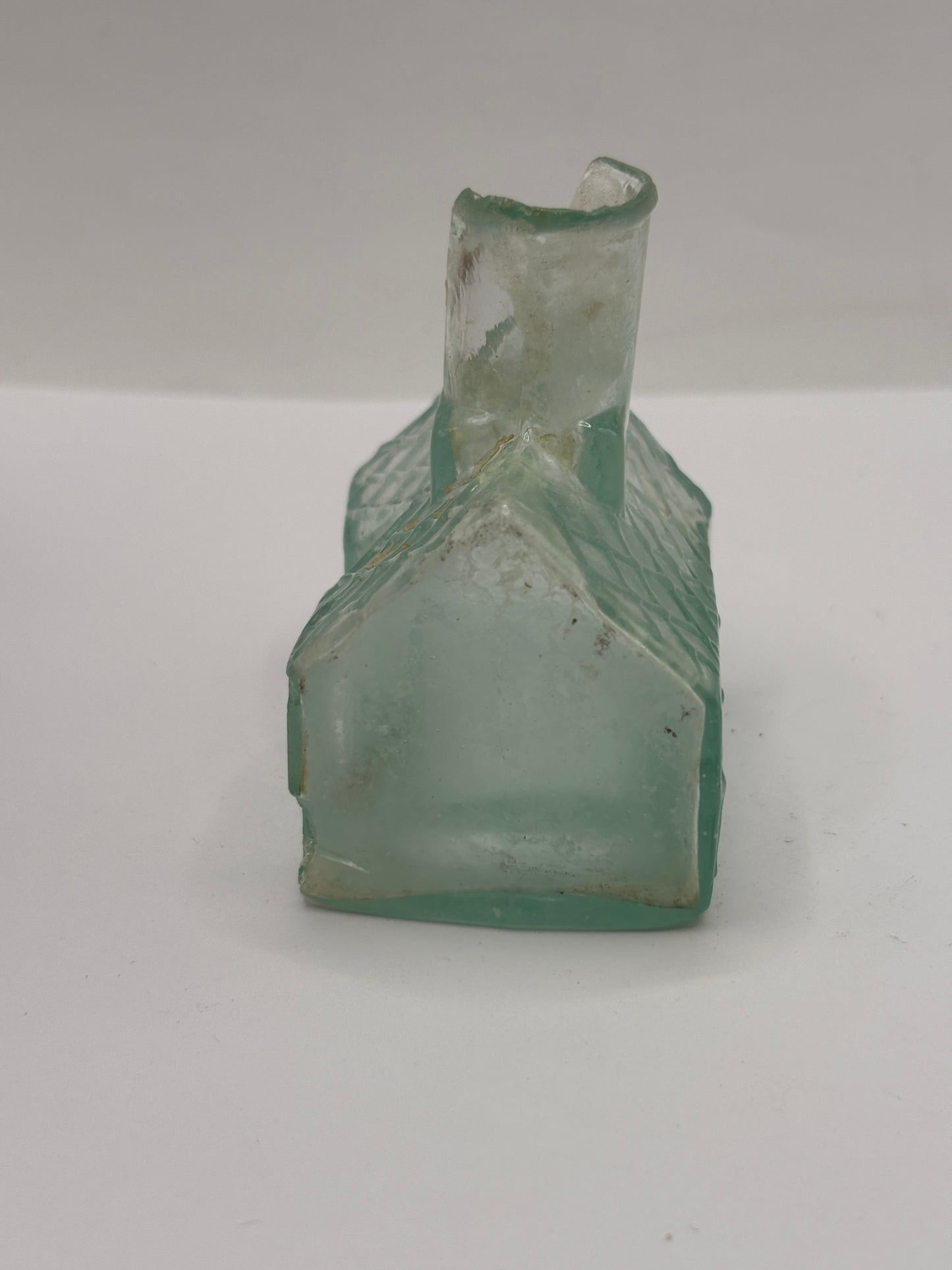 Old aqua glass cottage ink, ink bottle. Inkwell (ST) DAMAGED