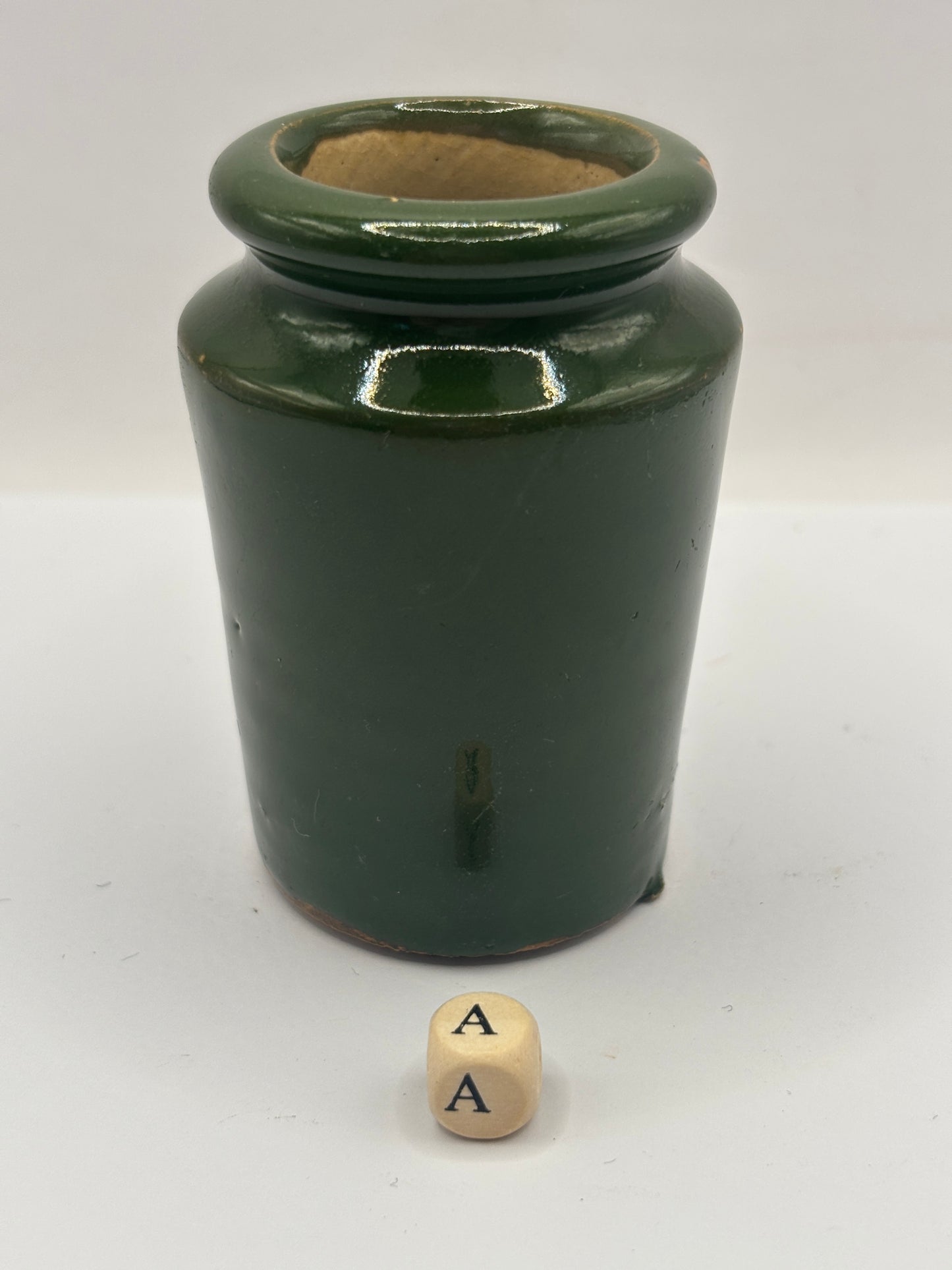 Old green stoneware Harrogate cream pot 7.5cms (a)