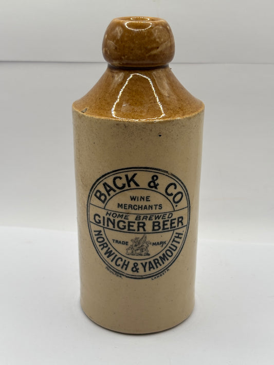 Old stoneware ginger beer bottle, Back & Co, Home brewed ginger beer, Norwich & Yarmouth