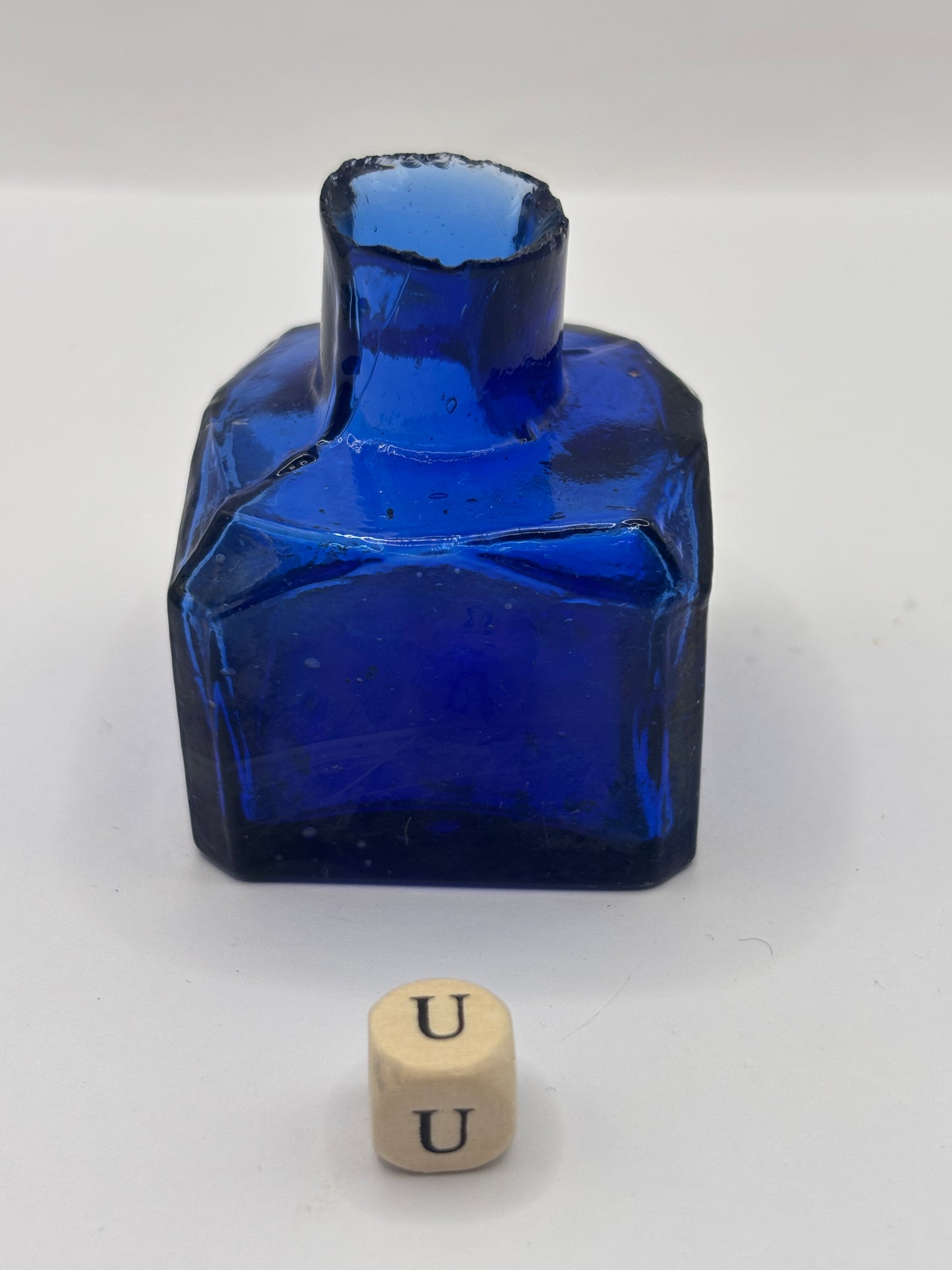 Old cobalt blue glass ink bottle, inkwell (u)