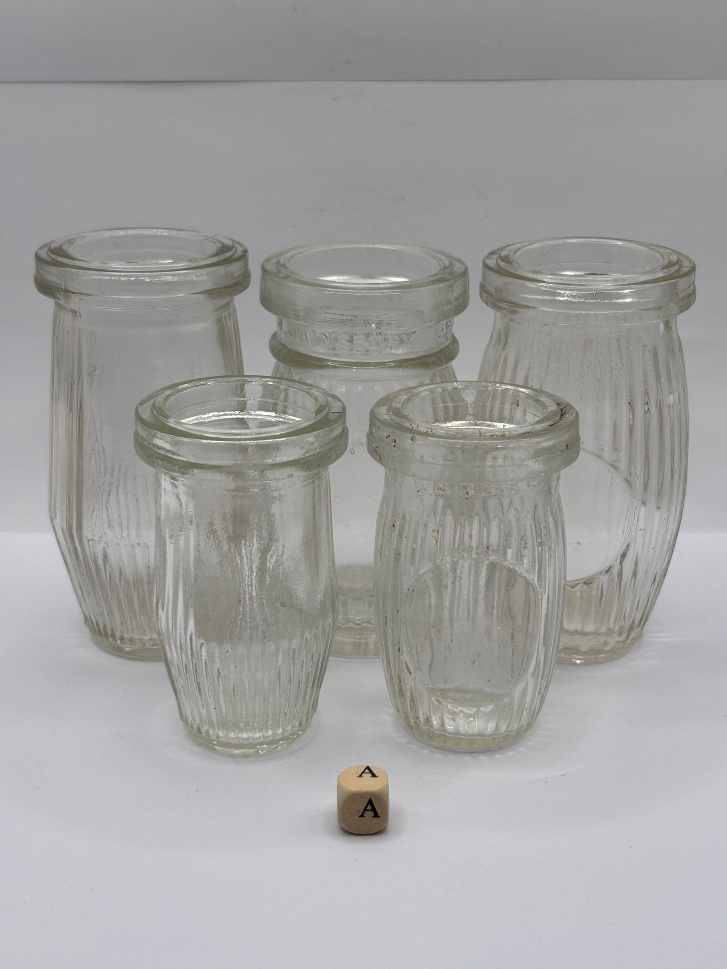 5 old clear glass meat paste jars (a)