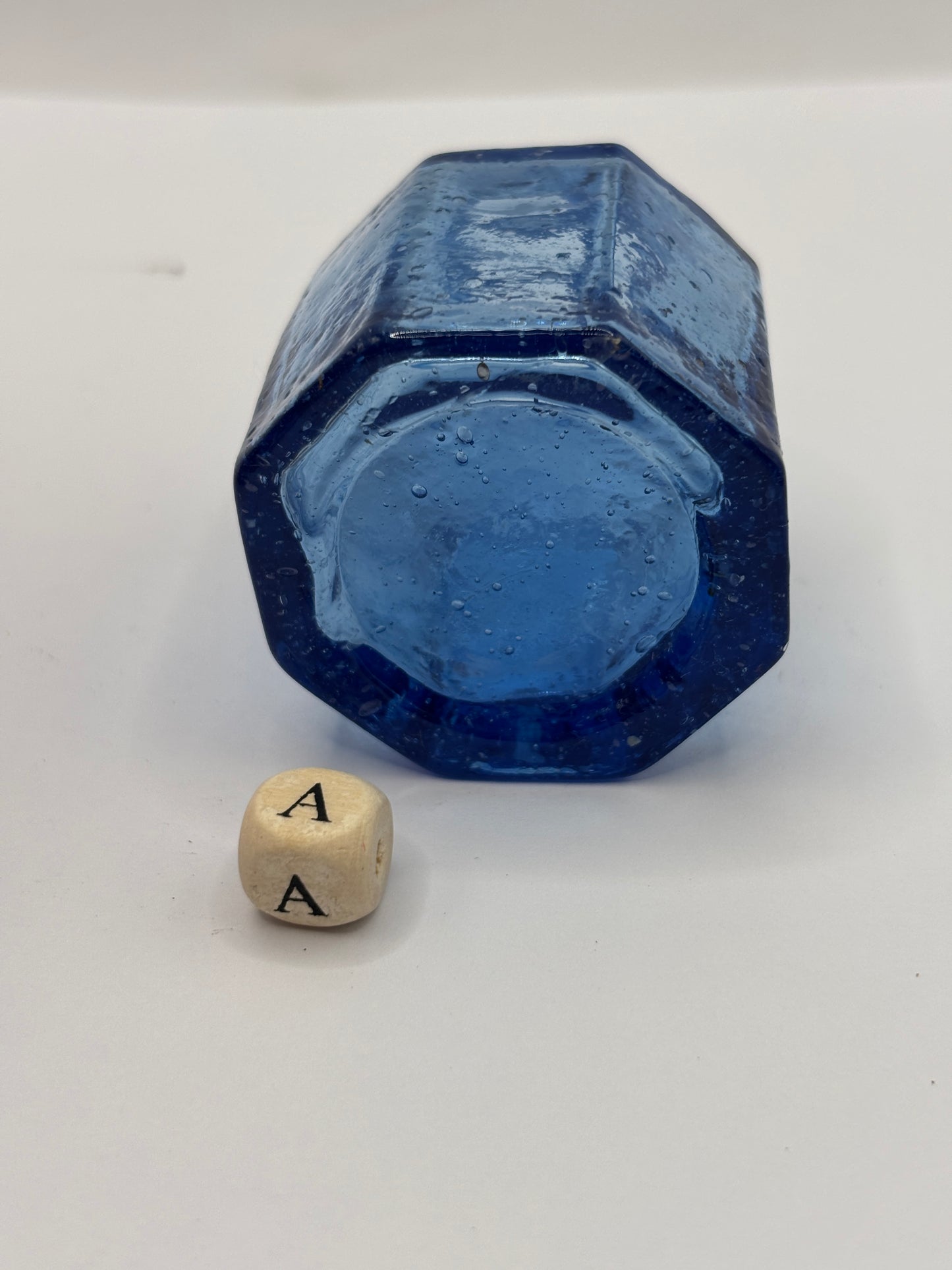 Old blue glass inkwell, ink bottle, penny ink (a)