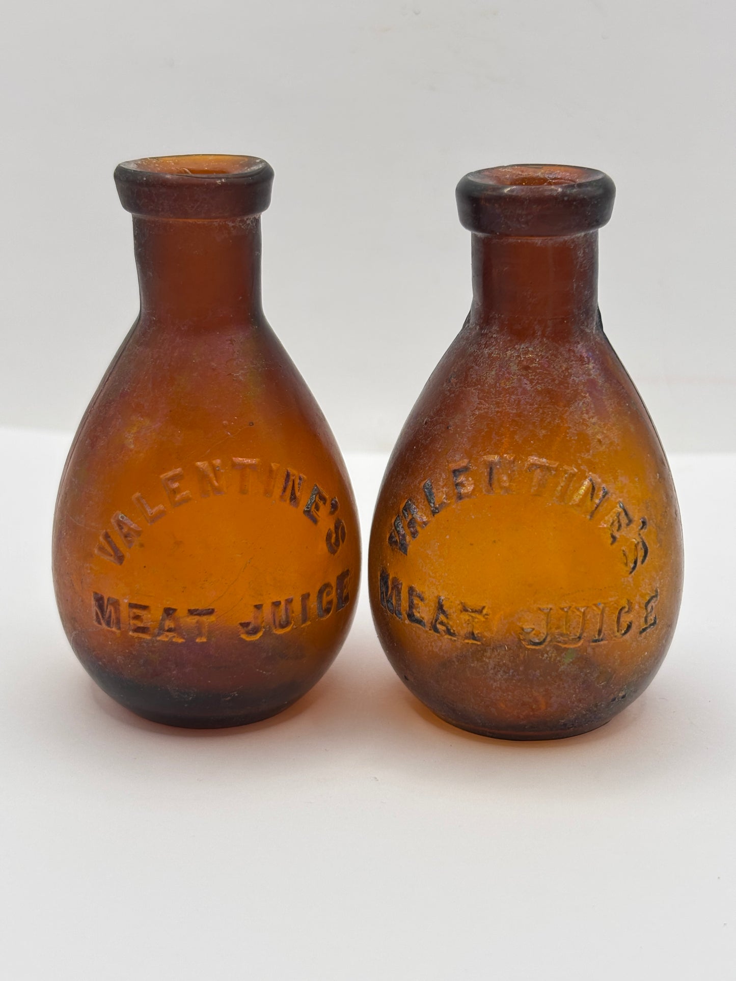 2 Old amber glass bottles, valentines meat juice