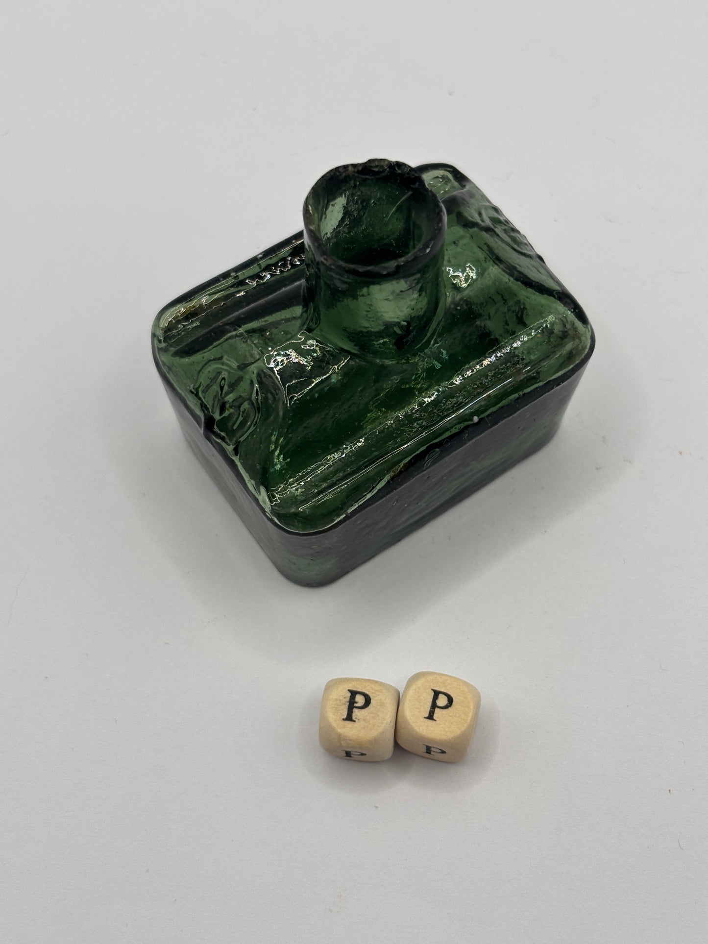 Old green glass boat ink, inkwell. Morrells (PP)