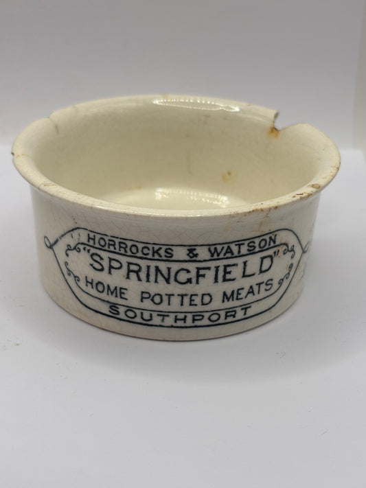 Old advertising meat paste pot, Springfield. Damaged