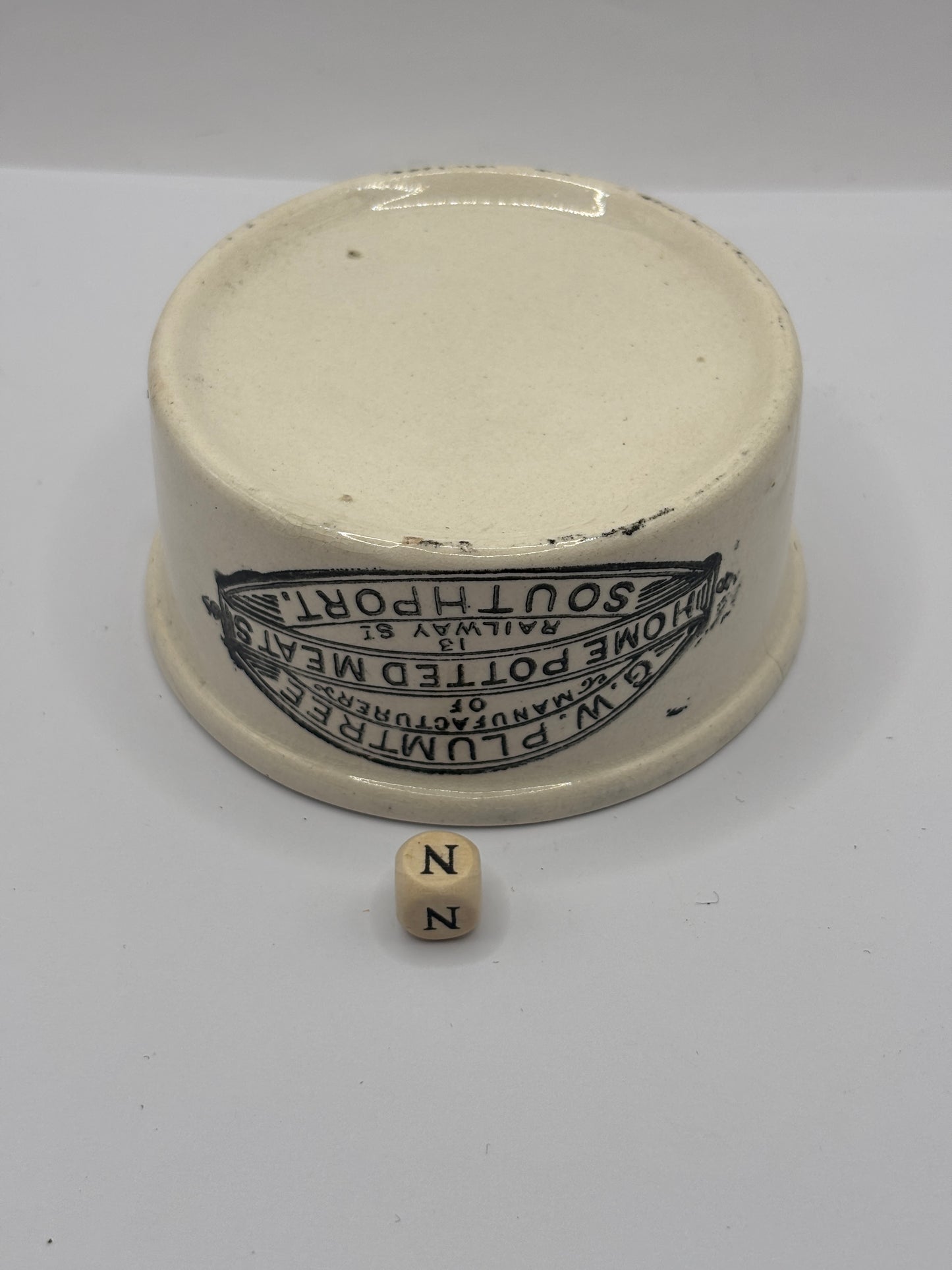 Old advertising meat paste pot, plumtrees (N) damaged