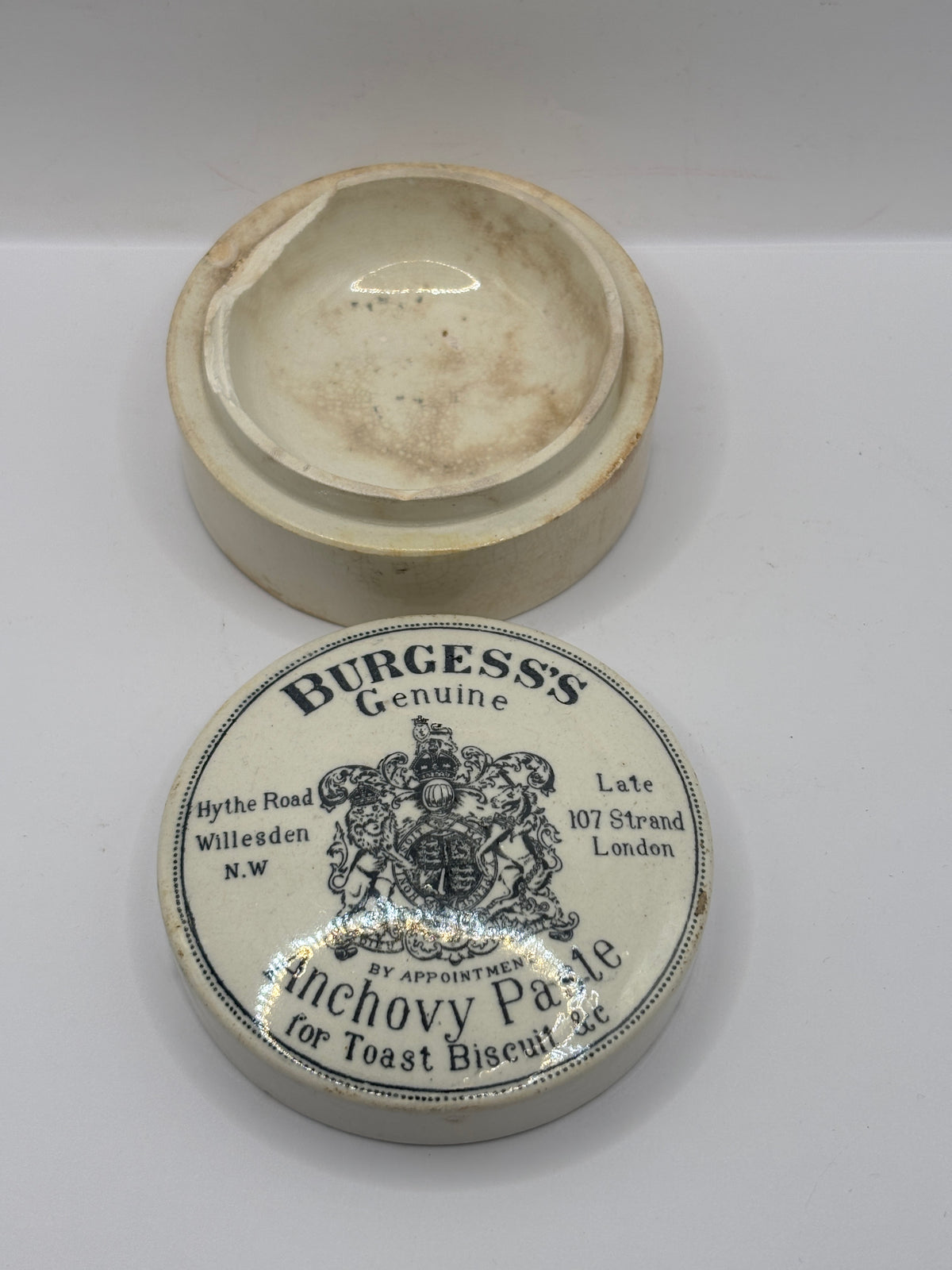 Old advertising lid and base, Burgess Anchovy paste