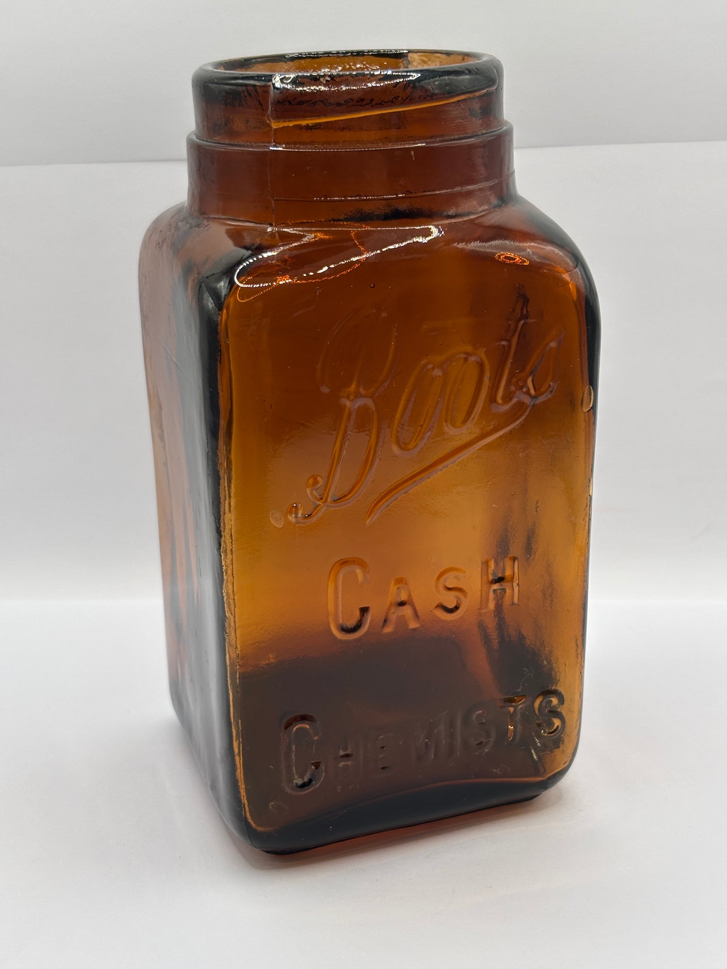 Old XL amber glass Boots cash chemists jar