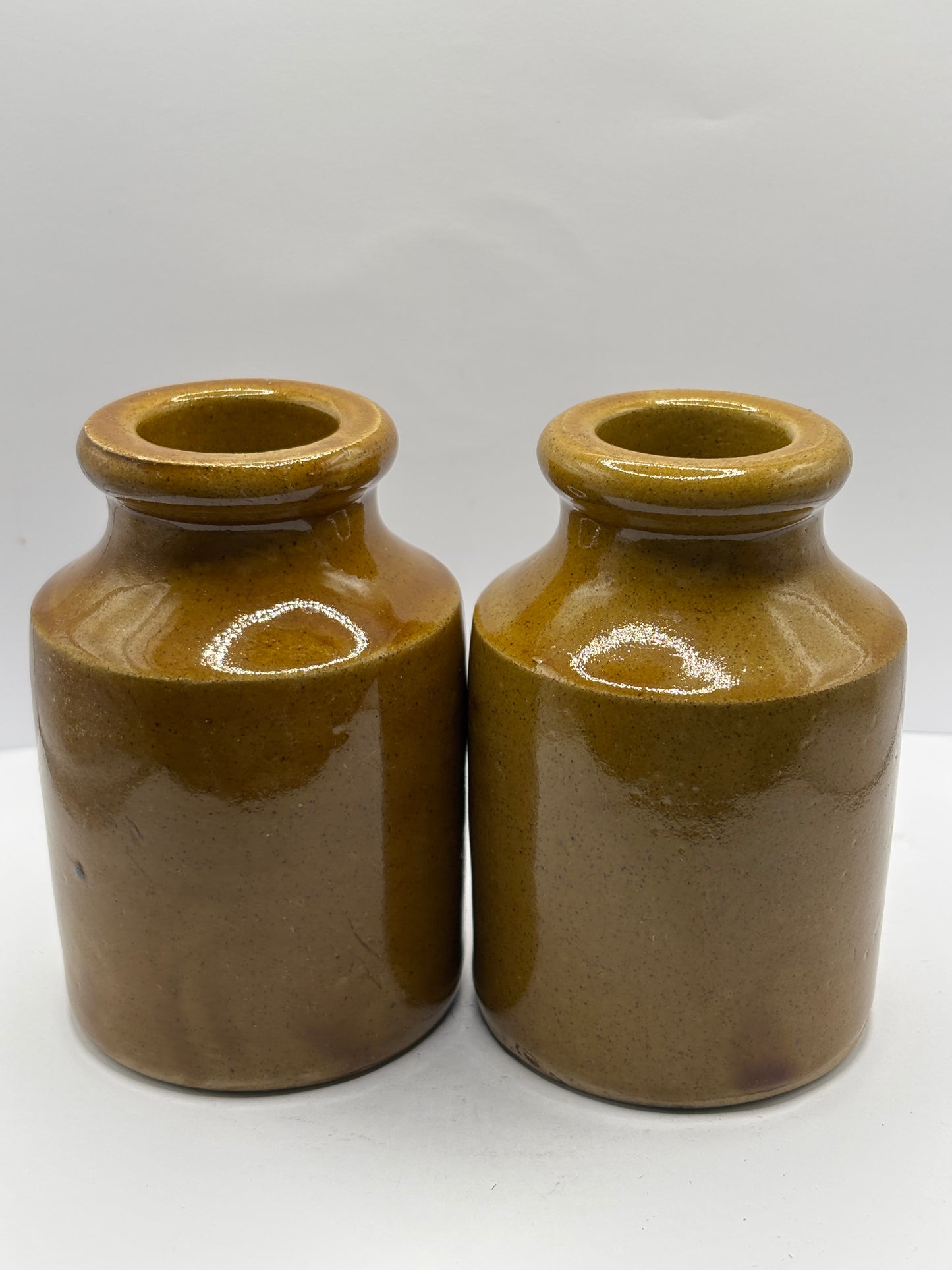 2 old brown stoneware mustard pots 11cms
