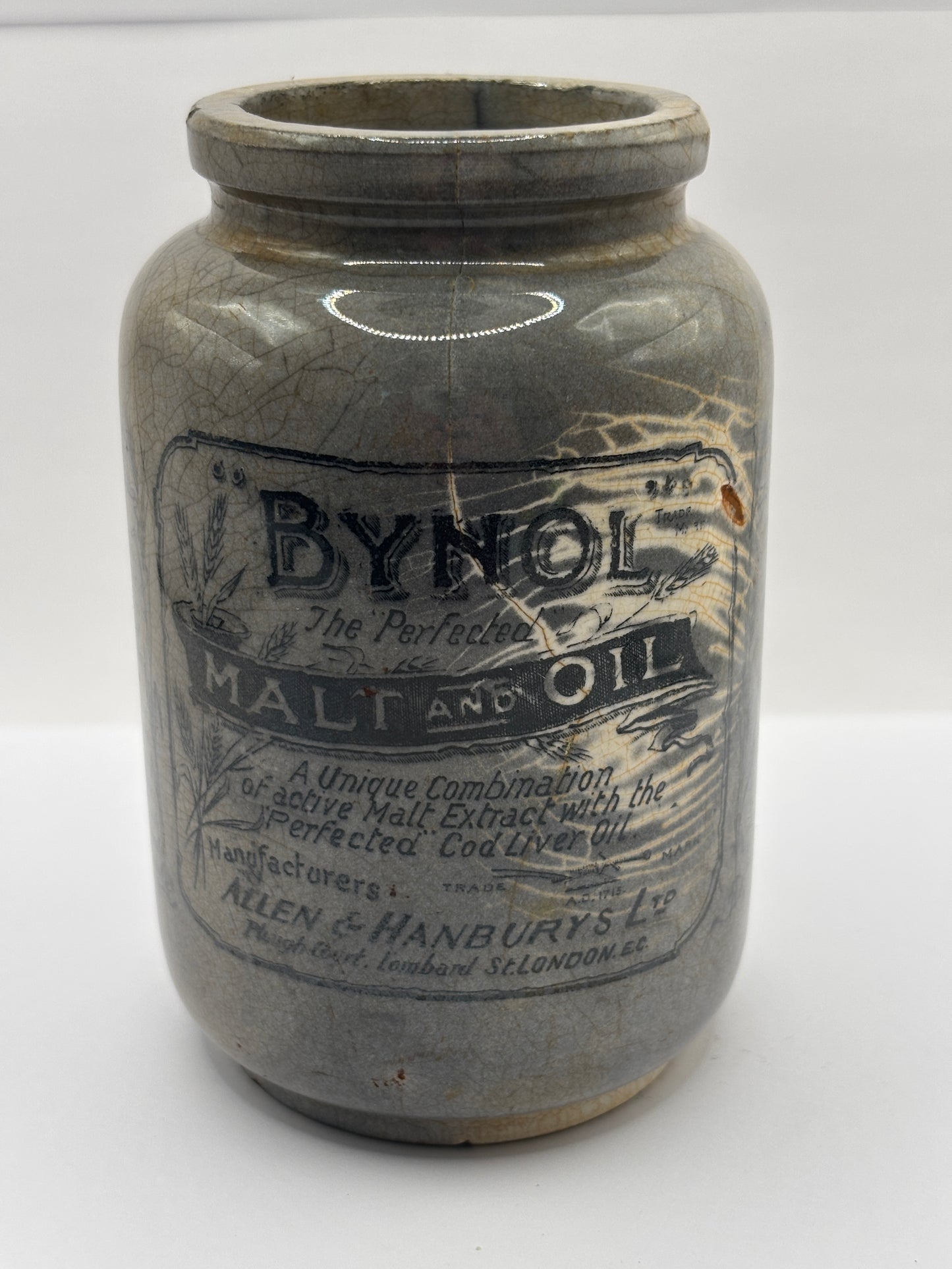 Old Bynol advertising jar, malt and oil. Damaged