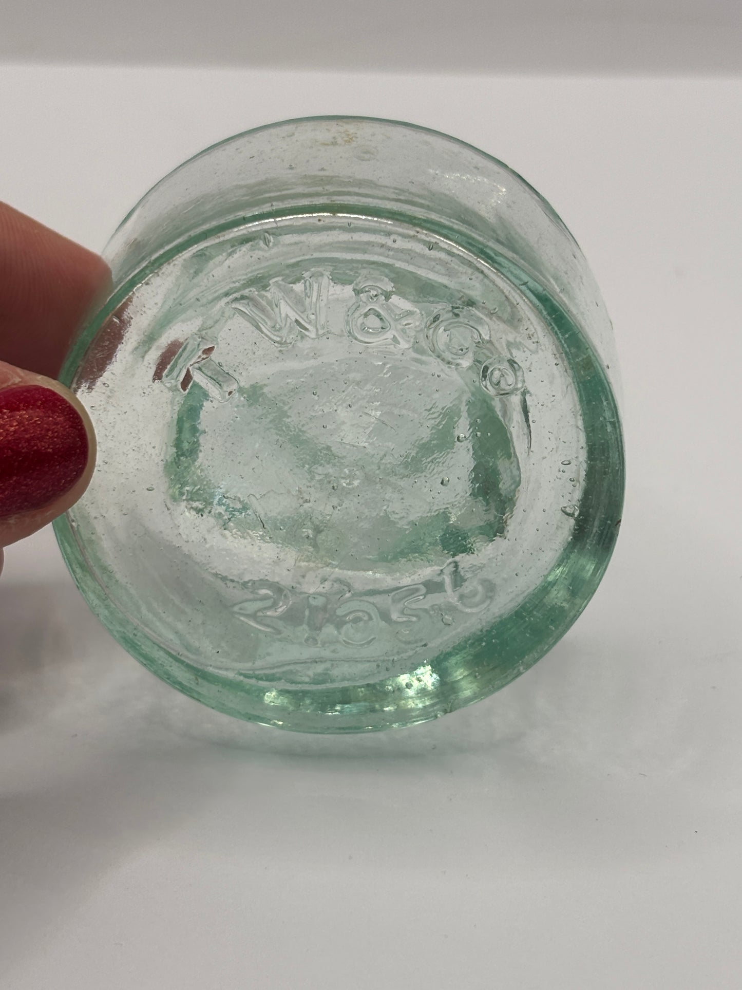 Old aqua glass inkwell, ink bottle, penny ink. TW & Co
