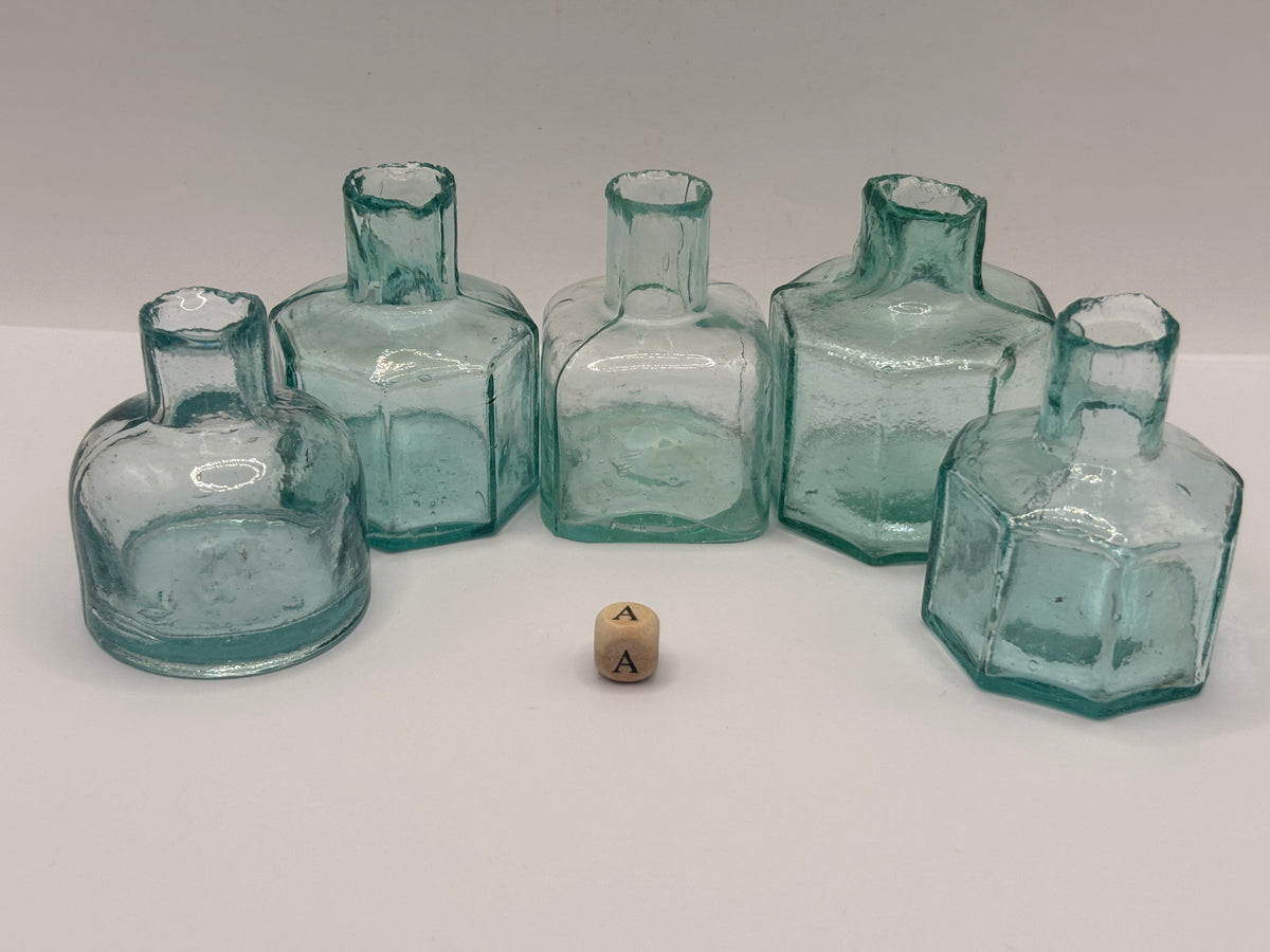 5 old aqua glass inks, inkwells, ink bottles, penny ink (a)