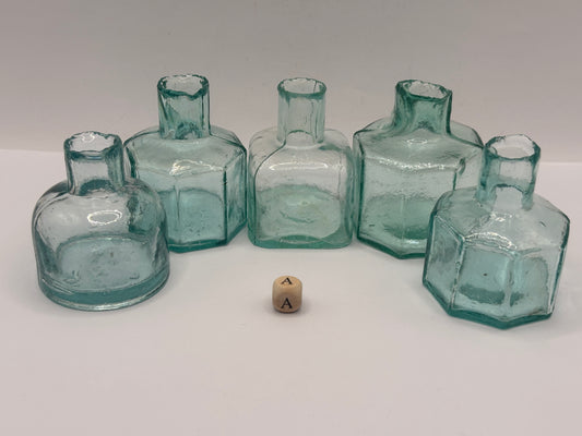 5 old aqua glass inks, inkwells, ink bottles, penny ink (a)