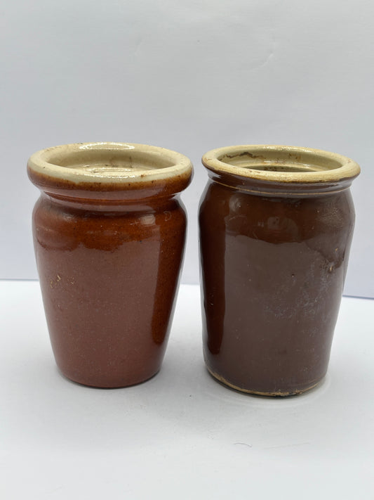 2 old brown stoneware cream pots