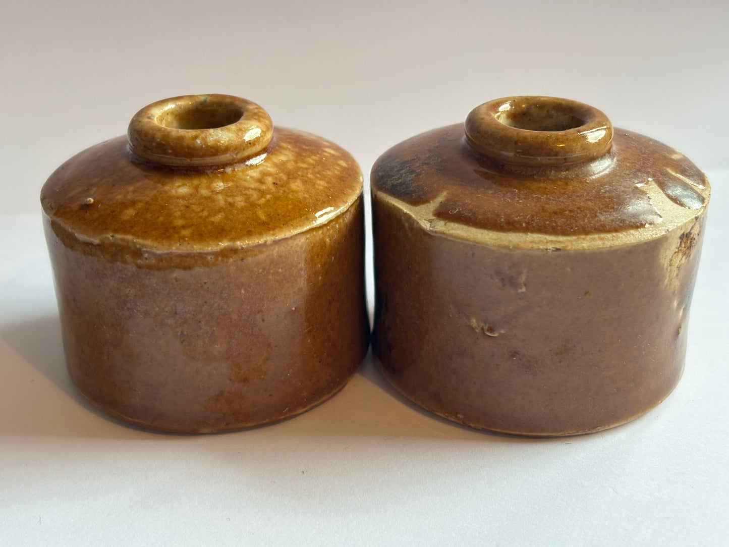 2 old brown stoneware inkwells, ink bottles. Pork pie inks