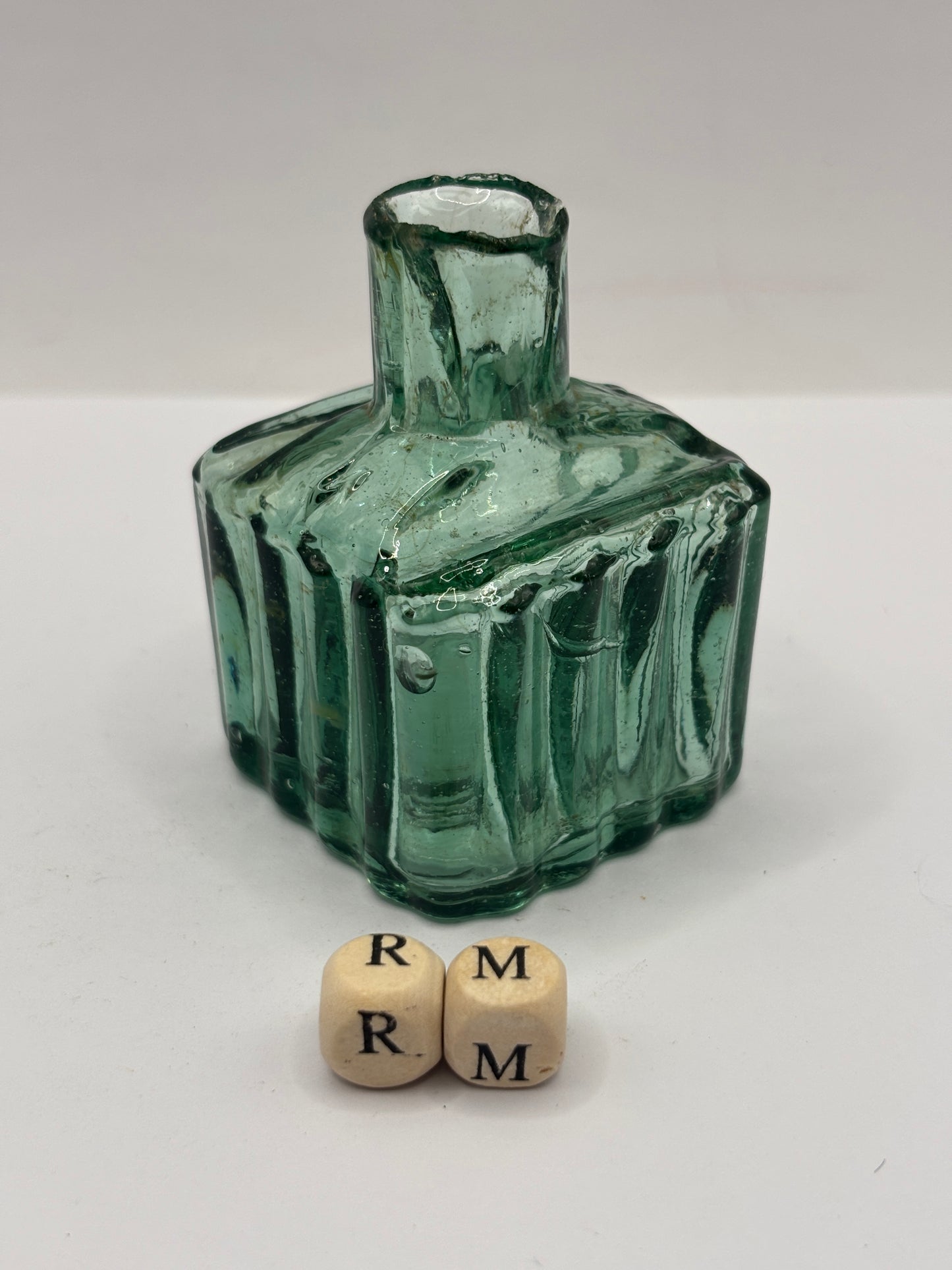 Old dark aqua/green glass ink bottle, inkwell, penny ink (RM)