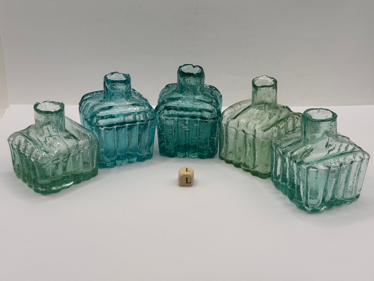 5 old aqua glass ribbed inks, inkwells, ink bottles, penny ink (L)