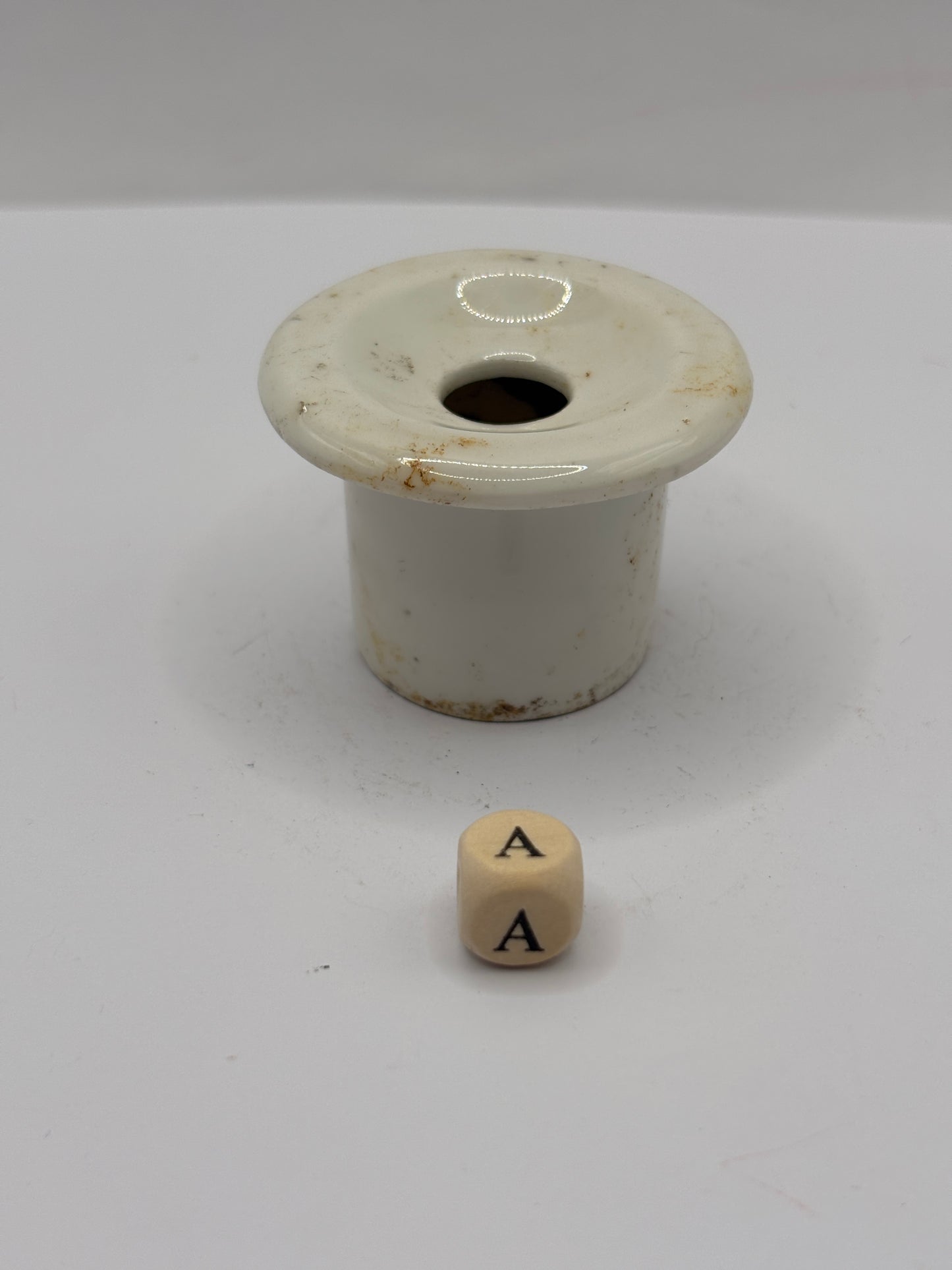 Old white stoneware school desk inkwell (a)