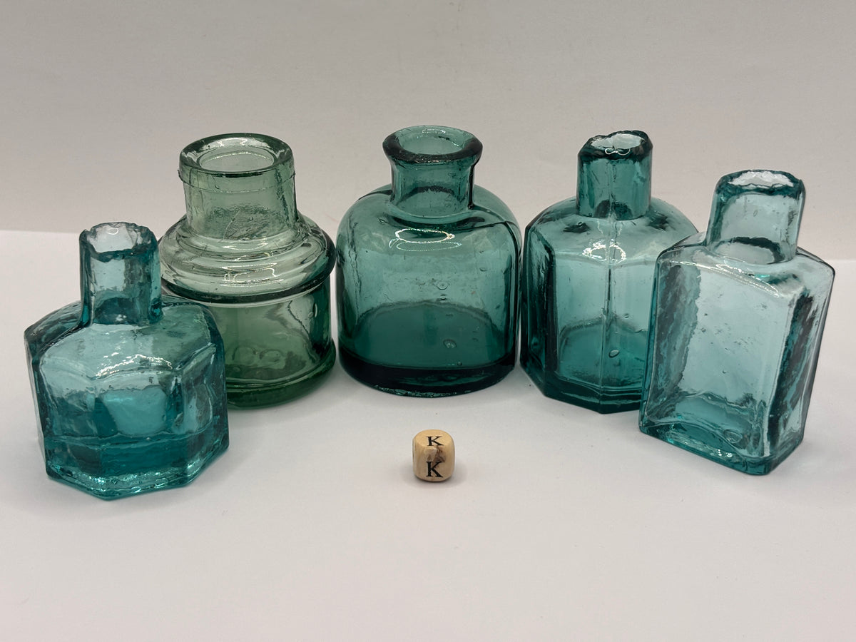5 old dark aqua glass inks, inkwells, ink bottles, penny ink (k)