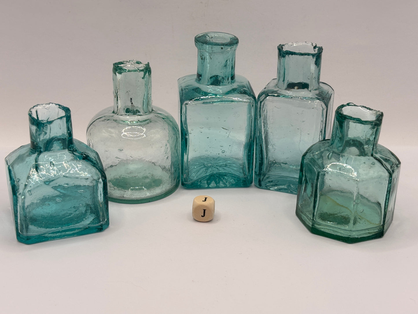 5 old aqua glass inks, inkwells, ink bottles, penny ink (J)