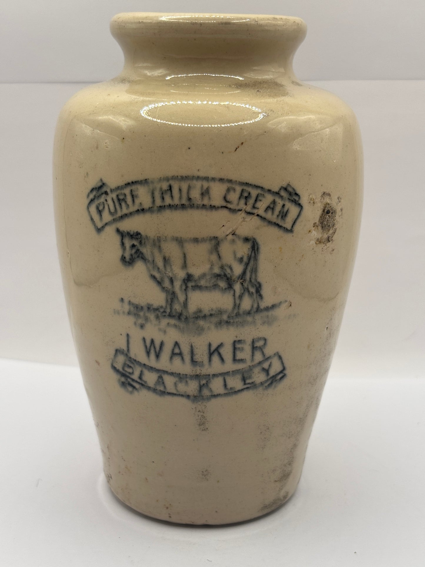 Old XL advertising cream pot, Pure thick cream. I.walker Blackley 15cms