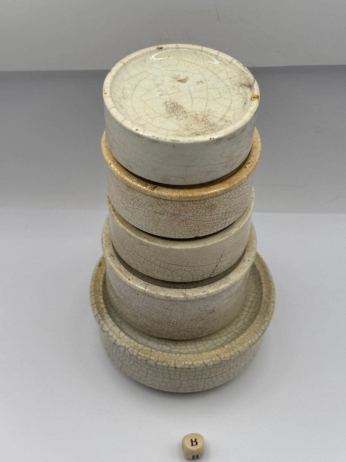 5 old stoneware pot lid bases, stackers (B)