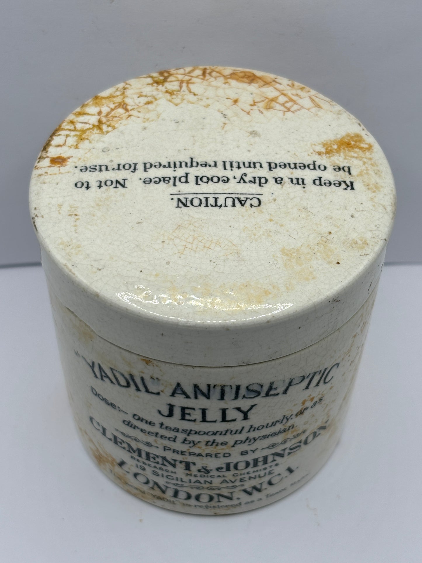 Old Yadil antiseptic jelly advertising pot, Clement & Johnson London