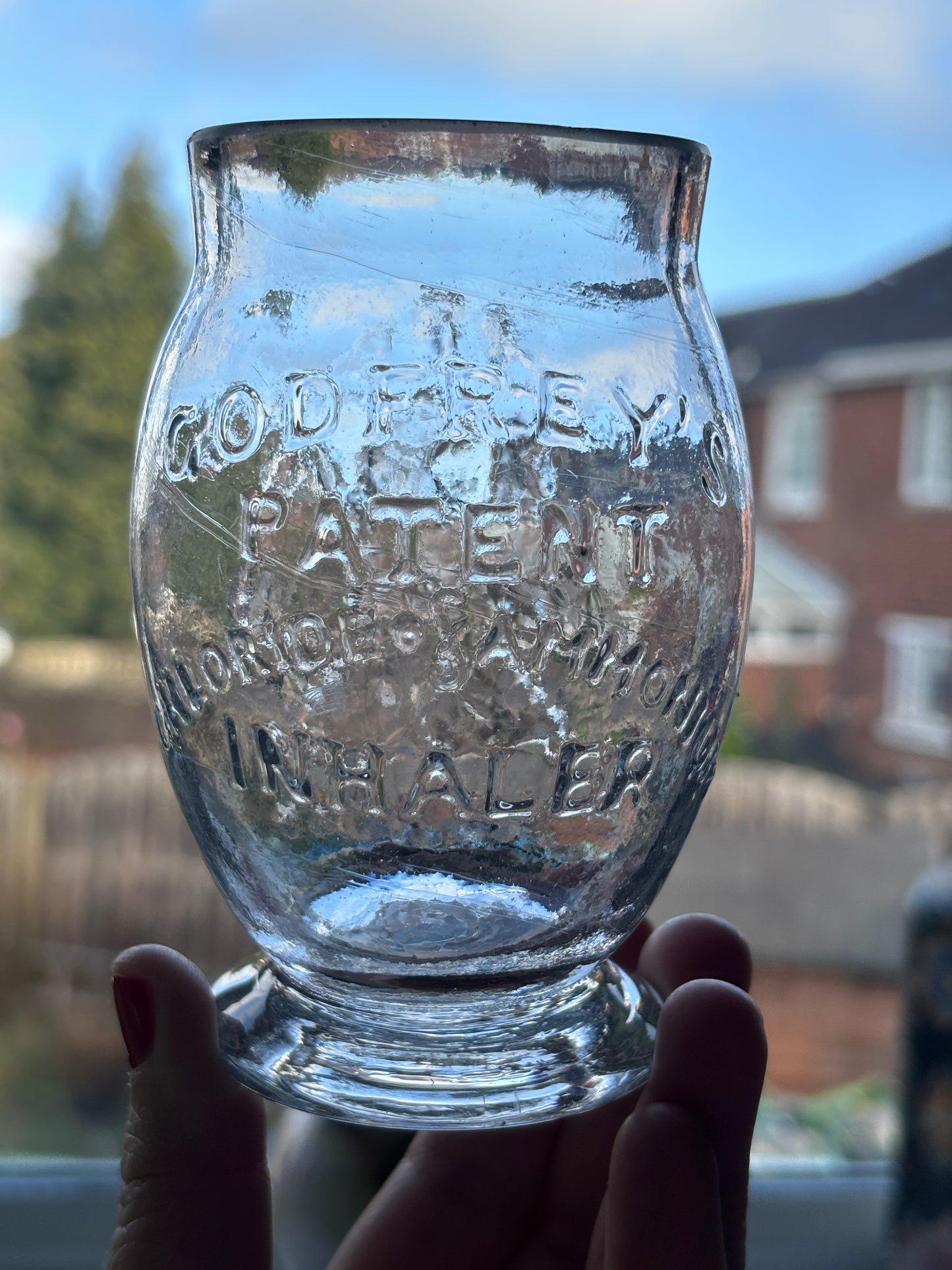 Old clear glass advertising inhaler. Godfreys patent chloride of ammonia