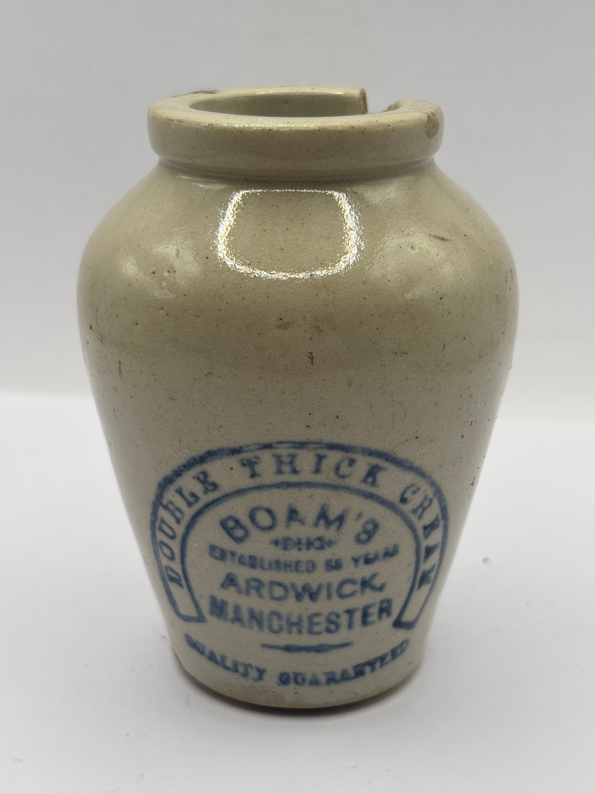 Old advertising cream pot, Boams double thick cream Manchester. Damaged
