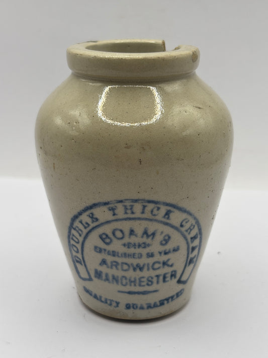 Old advertising cream pot, Boams double thick cream Manchester. Damaged