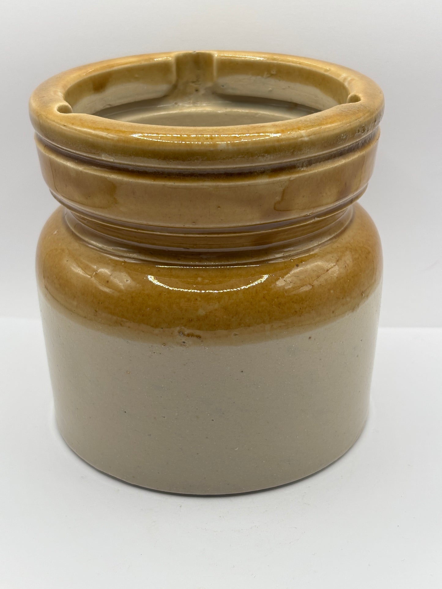 Old extra large brown top stoneware caviar pot