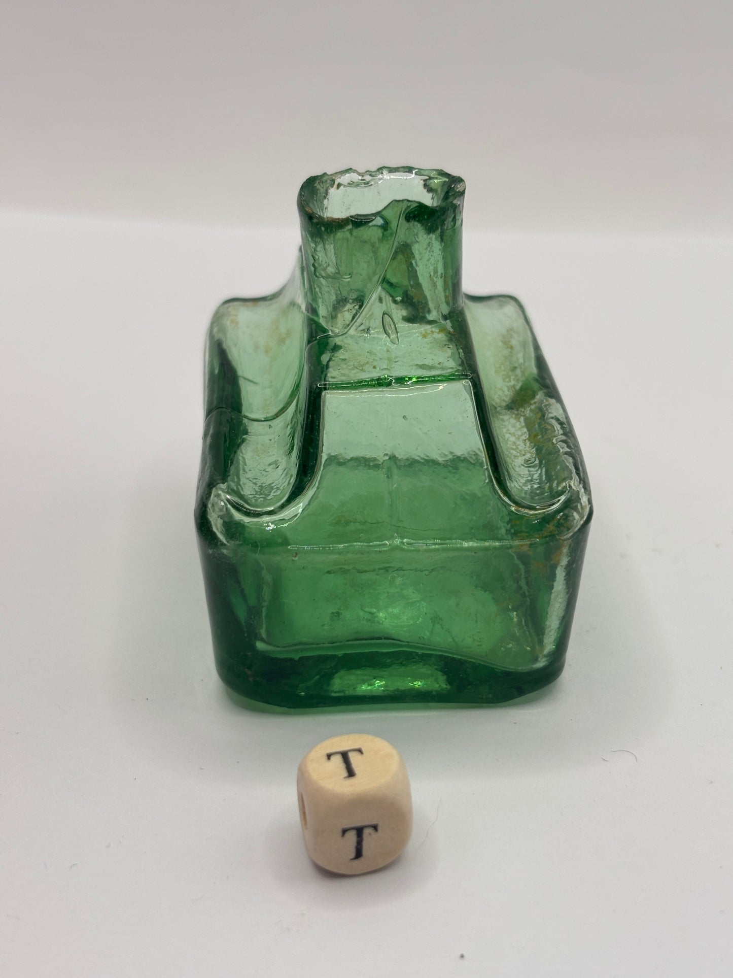 Old green glass boat ink, inkwell (T)