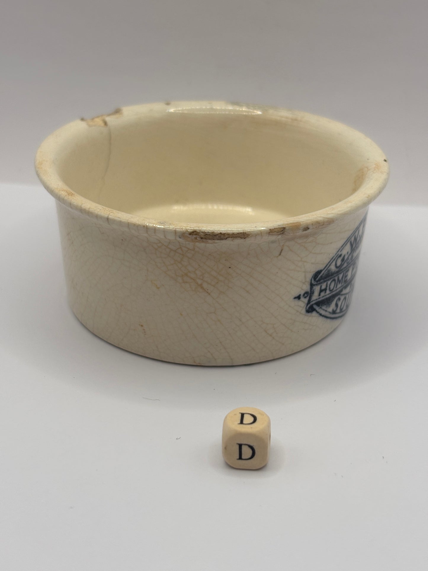 Old advertising meat paste pot, plumtrees (D) damaged