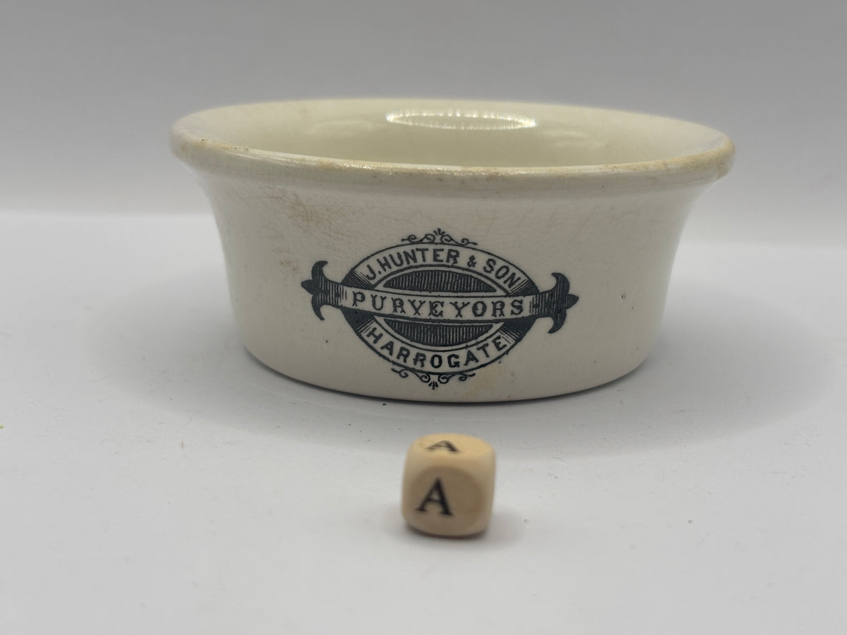 Old advertising meat paste pot, J.Hunter & son Purveyors Harrogate (a)