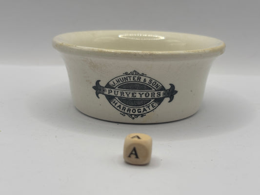 Old advertising meat paste pot, J.Hunter & son Purveyors Harrogate (a)