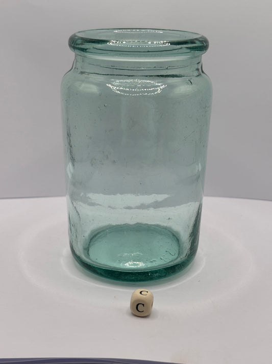 Old aqua glass jam jar (c)