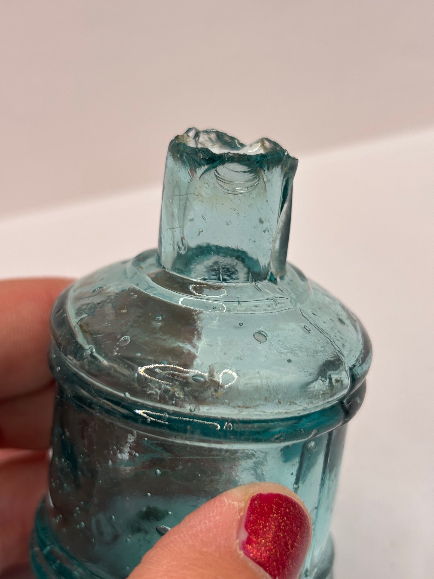 Old dark aqua glass inkwell, penny ink, ink bottle (HA)