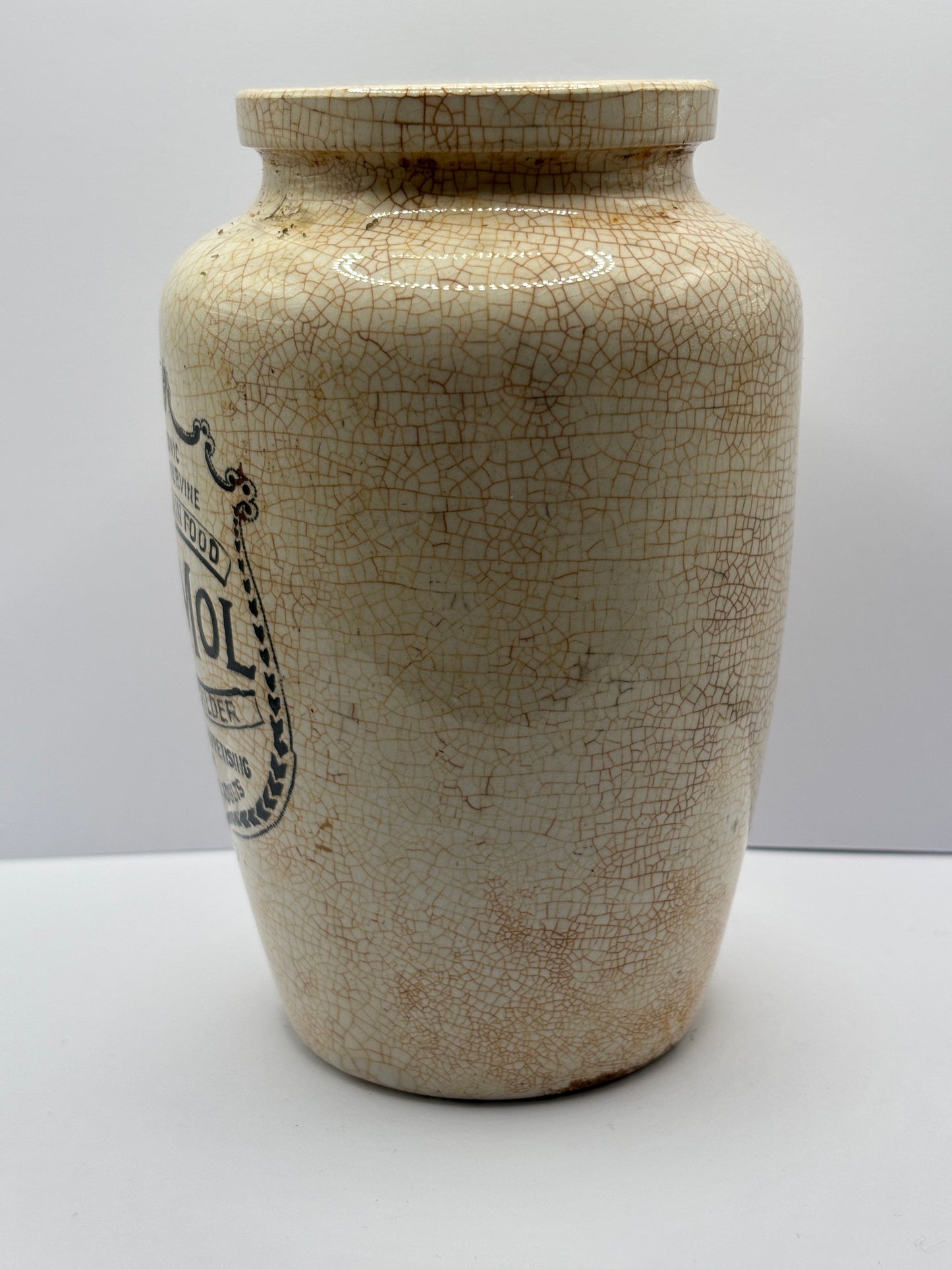 Old stained & crazed numol body builder advertising jar, 14cms