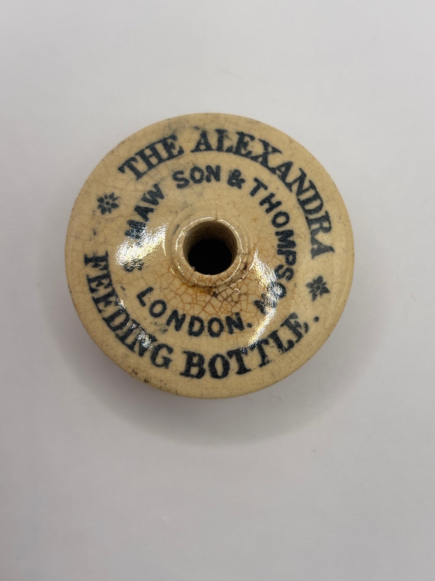 Old advertising baby feeder lid, The Alexandra feeding bottle lid