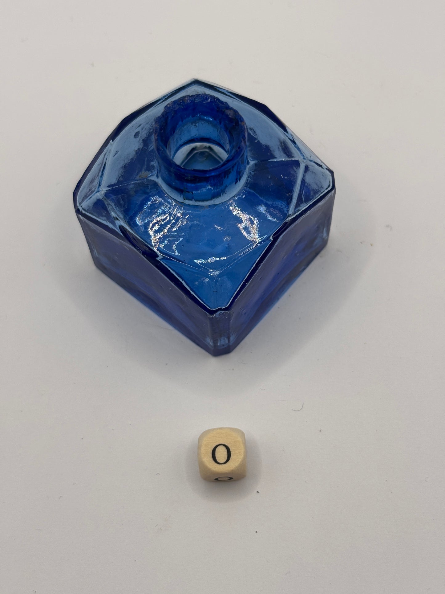 Old blue glass ink bottle, inkwell, penny ink (o)