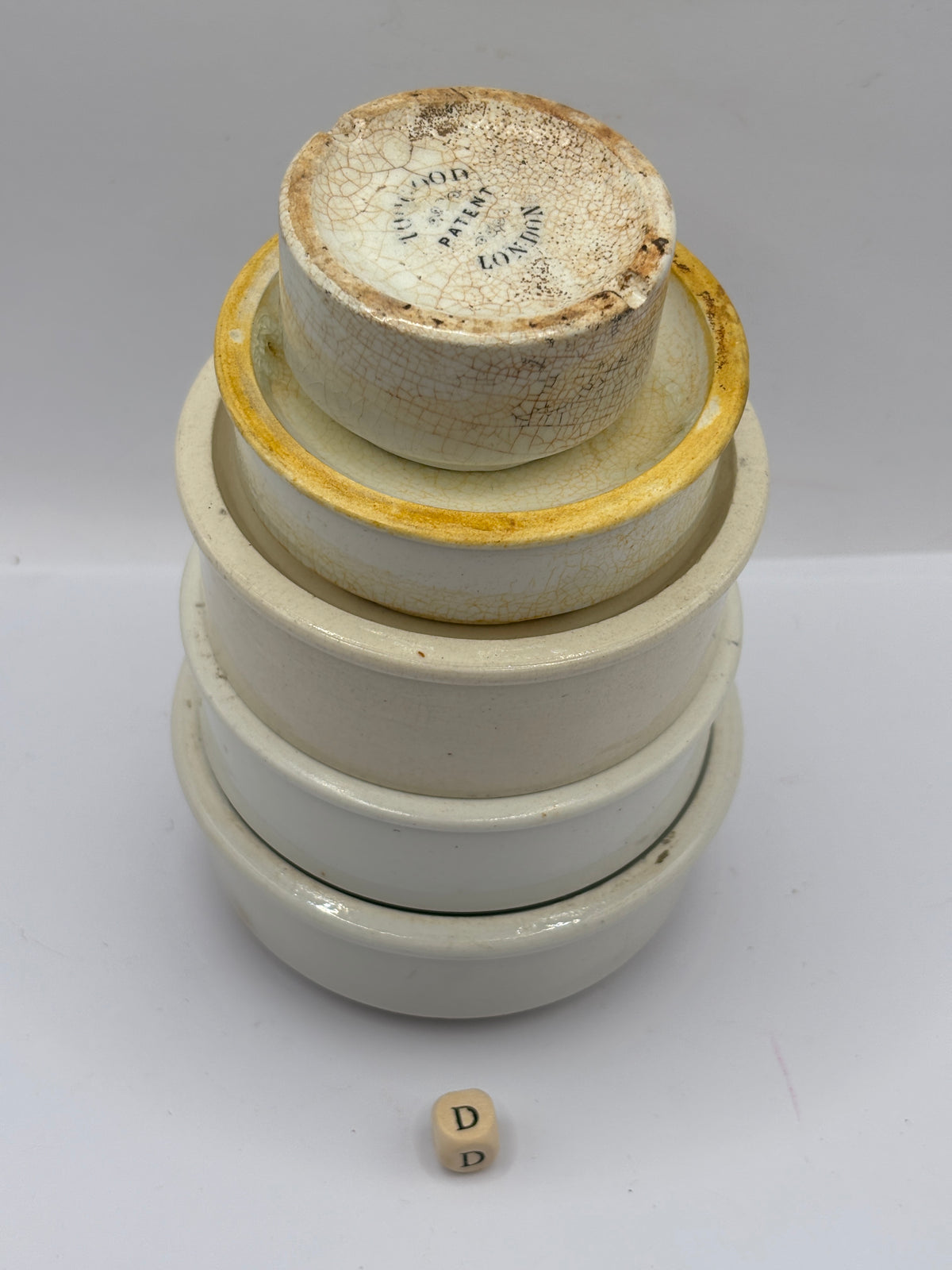 5 old stoneware pot lid bases, stackers (D)