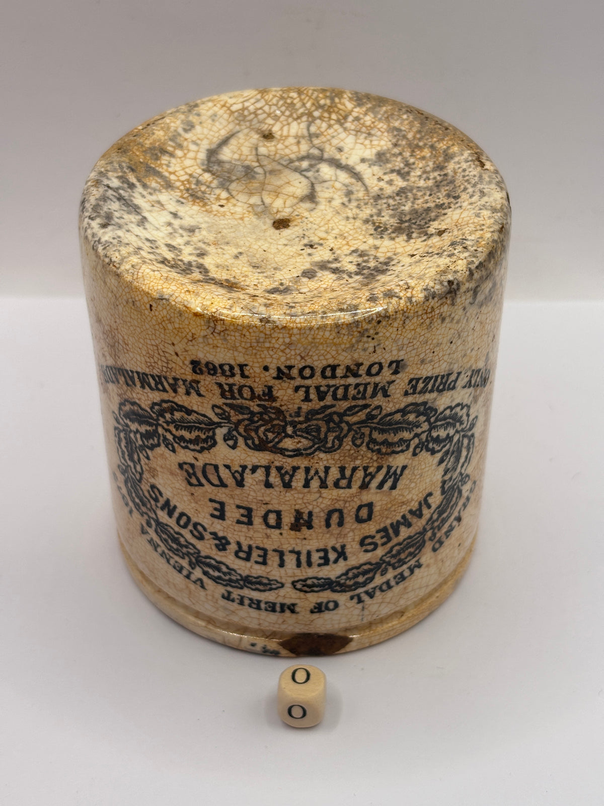 Old 1lb stoneware marmalade pot, James Keiller Dundee marmalade (o)