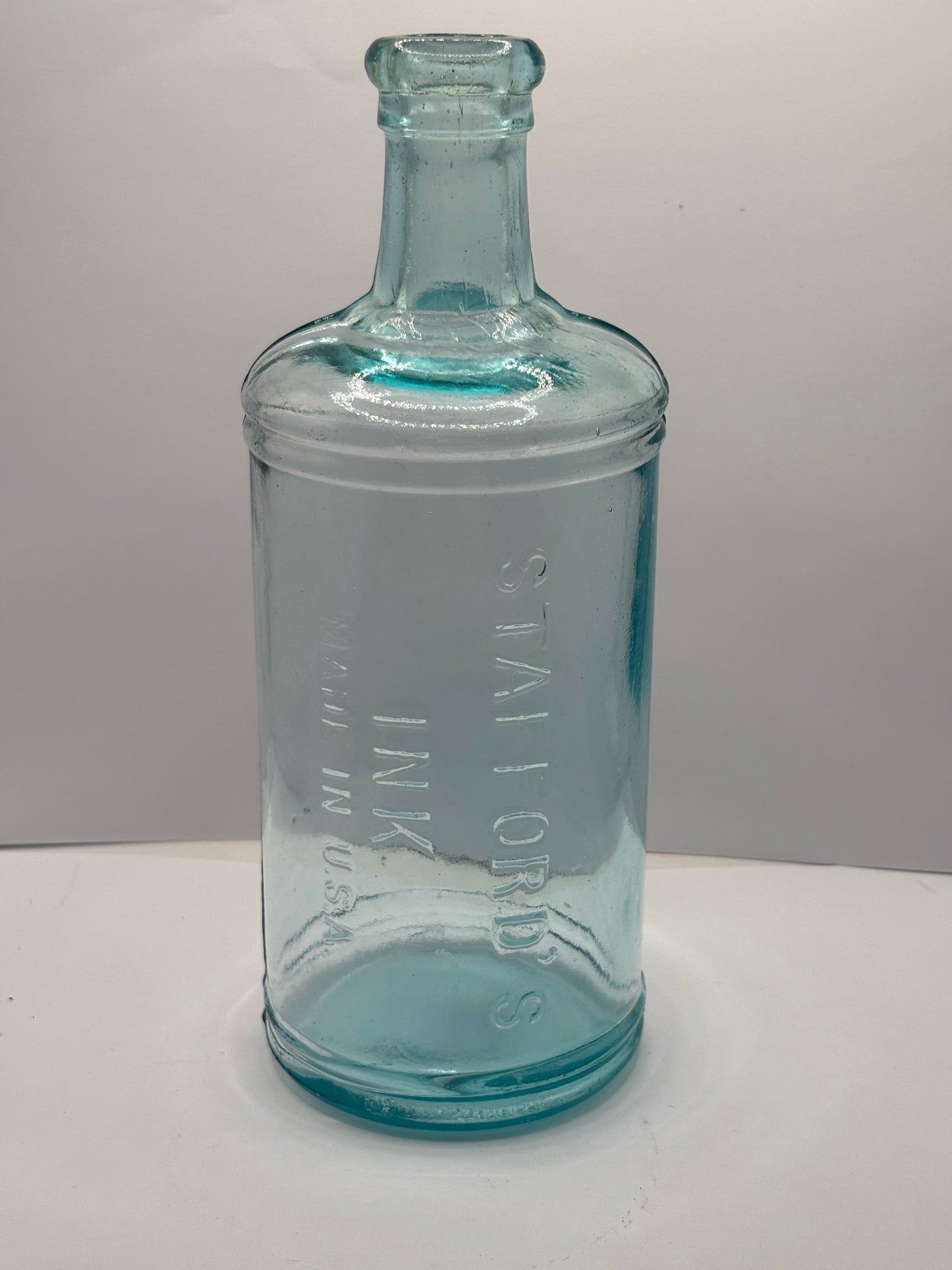 Old large aqua glass pouring ink bottle, Staffords ink