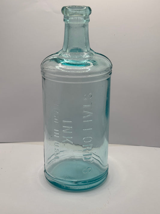 Old large aqua glass pouring ink bottle, Staffords ink