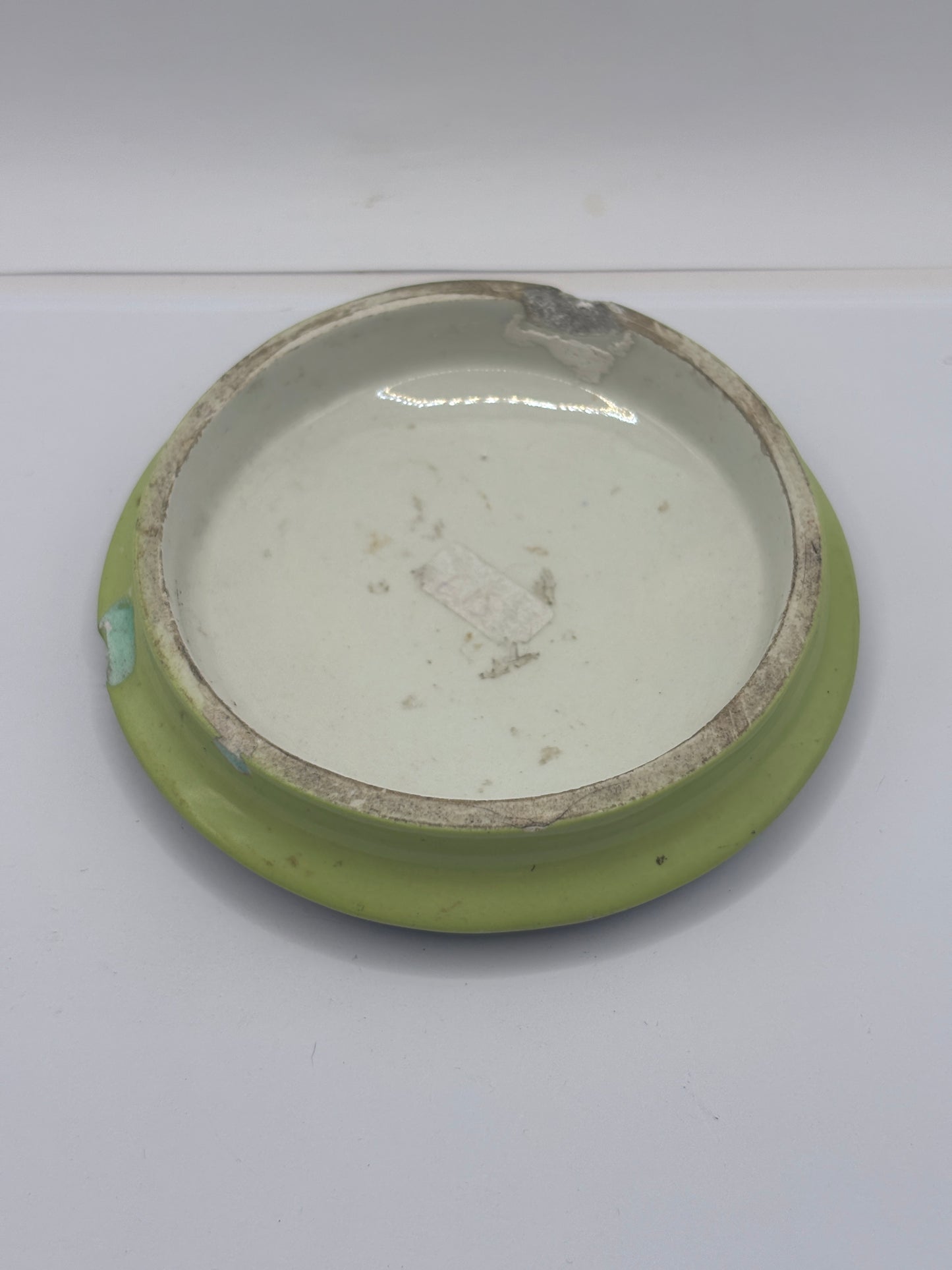 Old Prattware lid, victorian pot lid. the shrimpers Pratt lid. Damaged