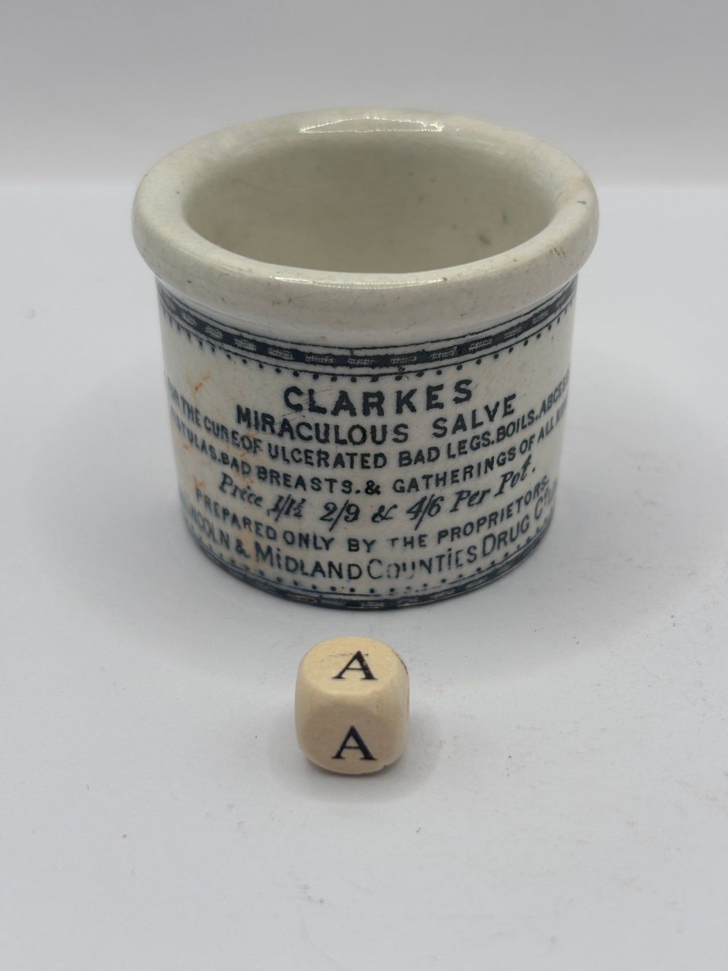Old advertising ointment pot, clarkes miraculous salve ointment (a)